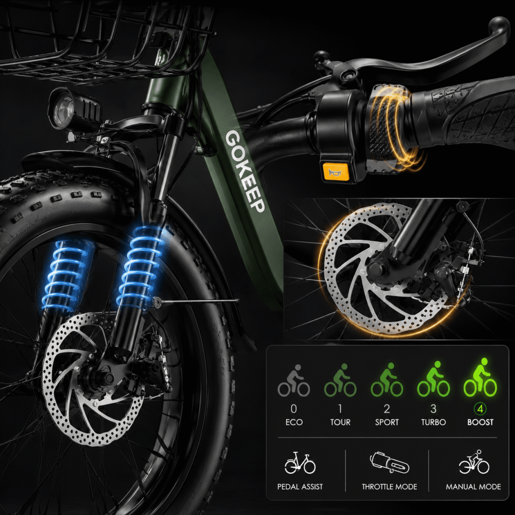 GOKEEP Electric Bike - Front suspension, mechanical disc brakes, throttle operation, and pedal-assist riding modes