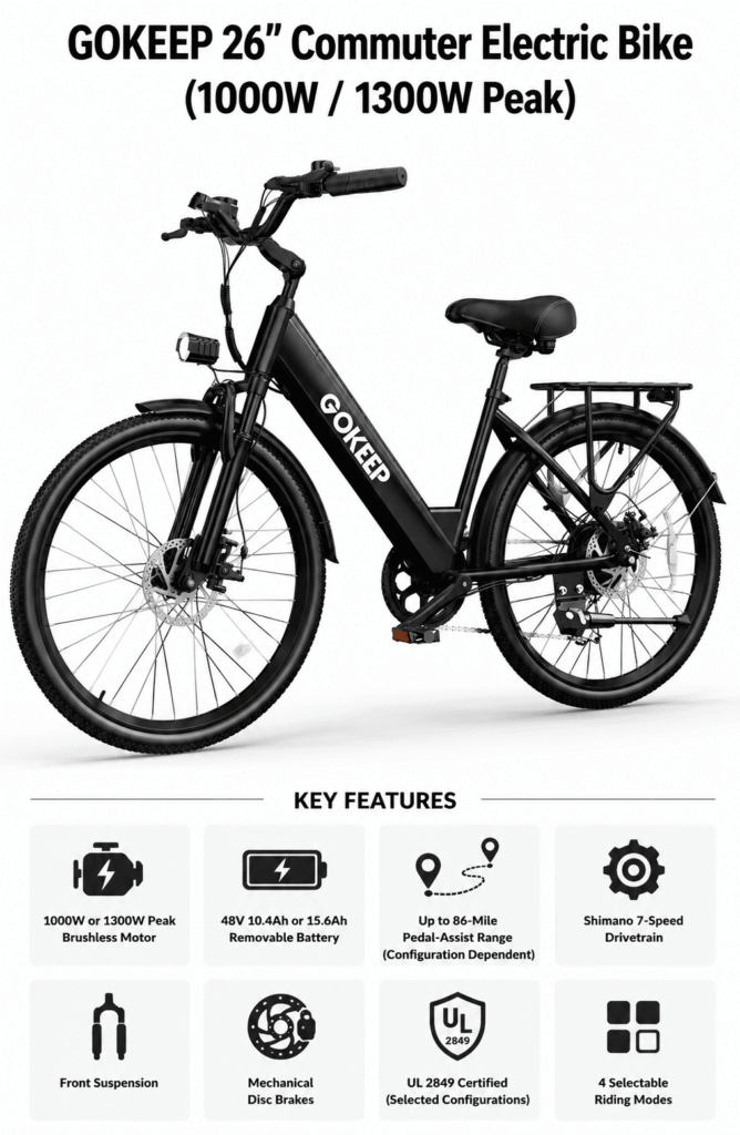 GOKEEP 26” Commuter Electric Bike (1000W / 1300W Peak)