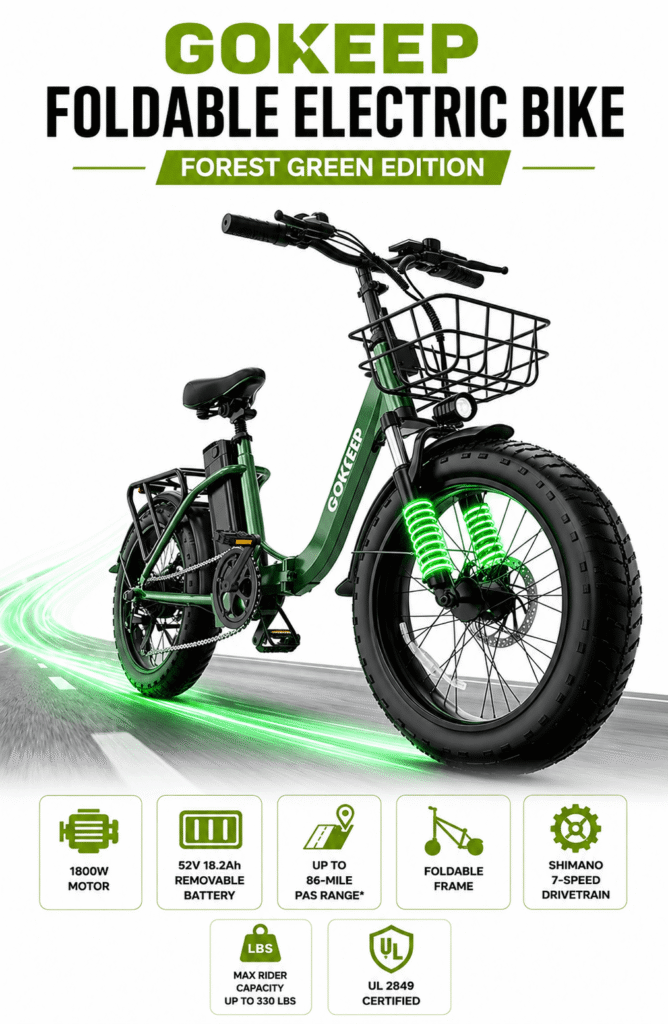 GOKEEP Foldable Electric Bike – Forest Green Edition